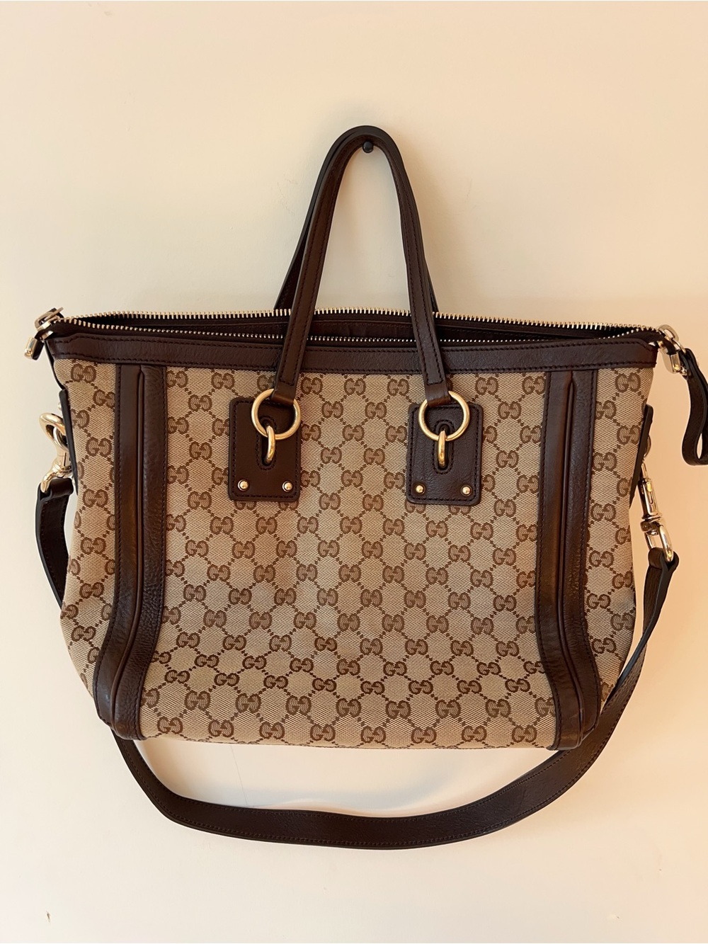 Gucci GG Canvas Brown Leather Cloth Pony-style calfskin Tote